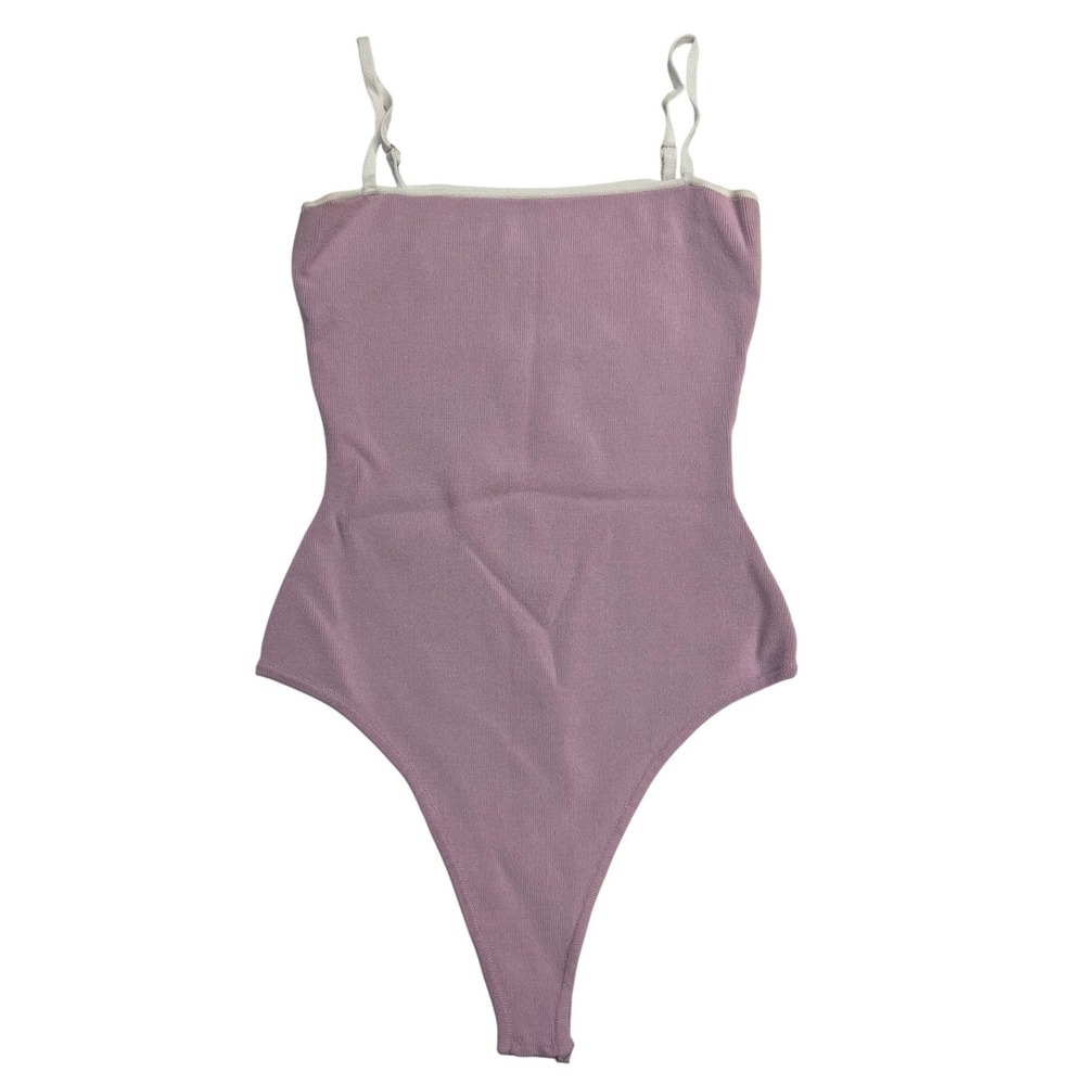 Superdown Ribbed Spaghetti Strap Thong Bodysuit Lavender M